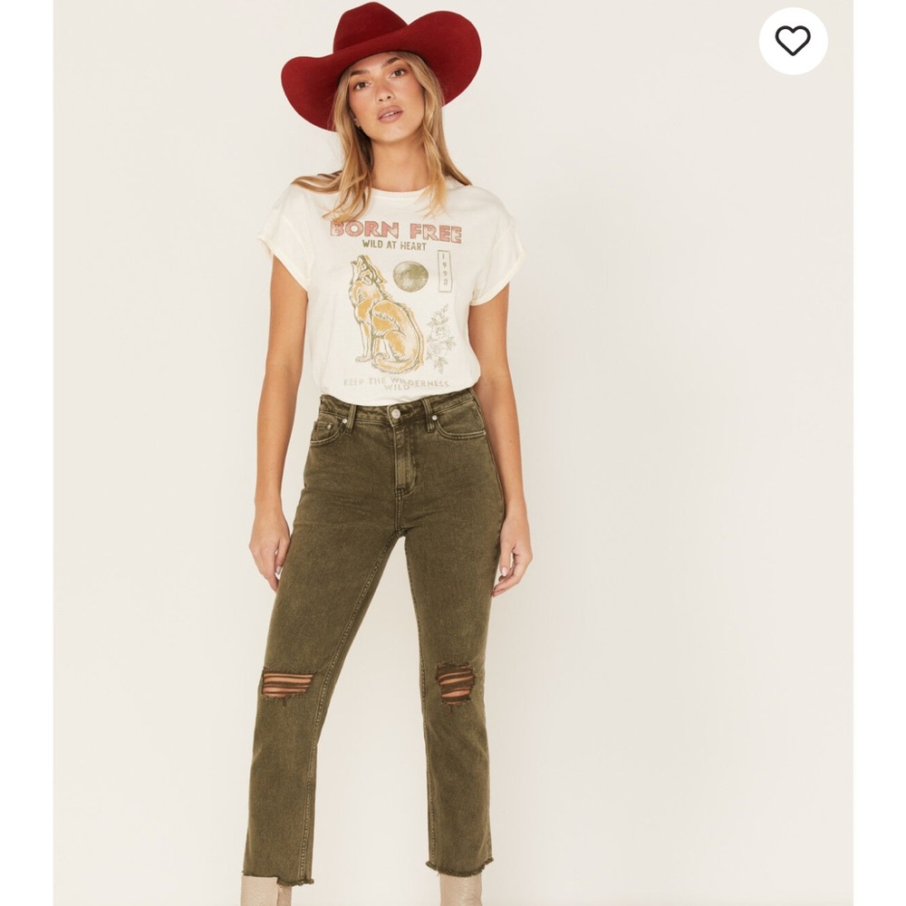 Cleo + Wolf High Rise Ankle Straight Jeans Green Distressed Sz‎ 27